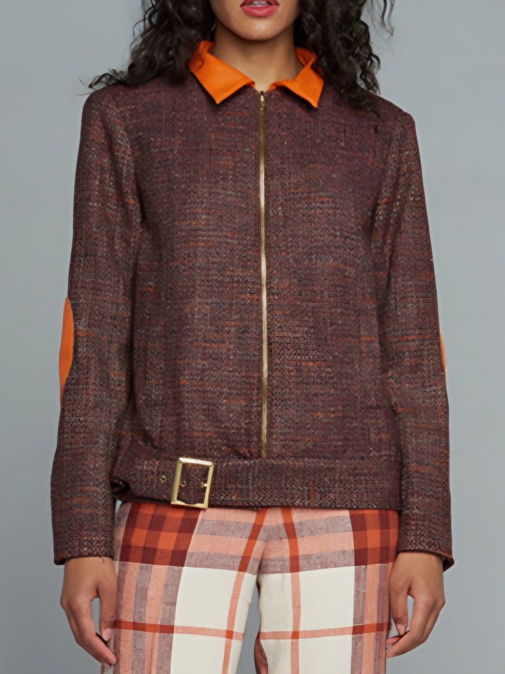 Womens Brown Tweed Zip Jacket with Orange Collar